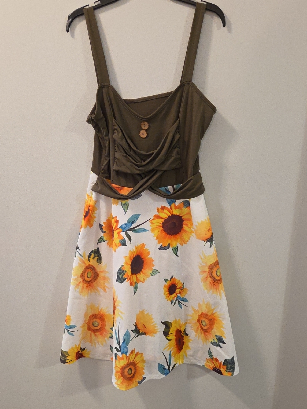 Womens Olive Green & White Sunflower Dress - Floral Skirt